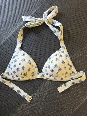 PINK Victoria's Secret Cream Floral Triangle Bikini Top with Blue Roses